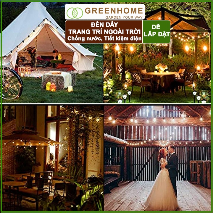 Dây Đèn Led Ngoài Trời Greenhome Bộ 5m +10 Bóng 3W, Màu Vàng Ấm, Chống Nước, Trang Trí Ban Công, Sân Vườn, Quán Cafe