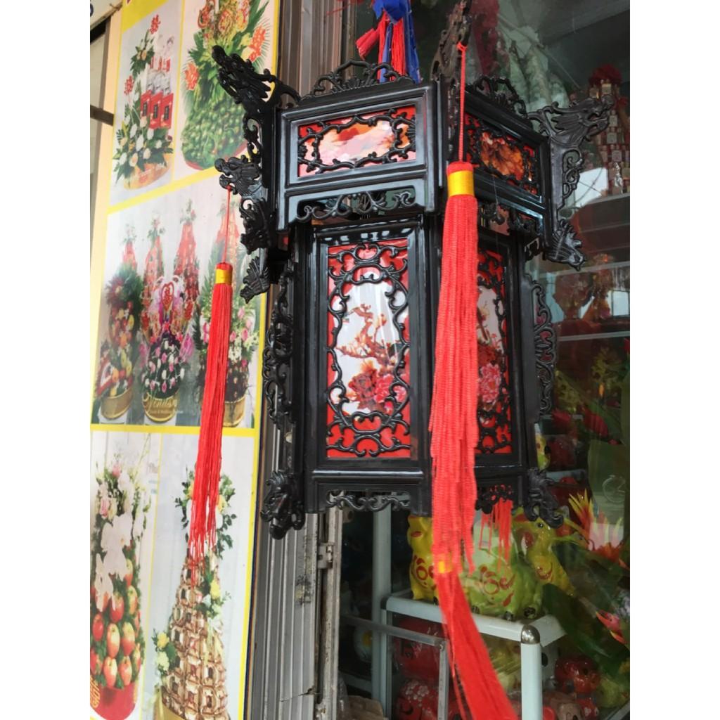 Đèn lồng nhựa giả gỗ lục giác 6 cạnh in hoa văn nhiều size