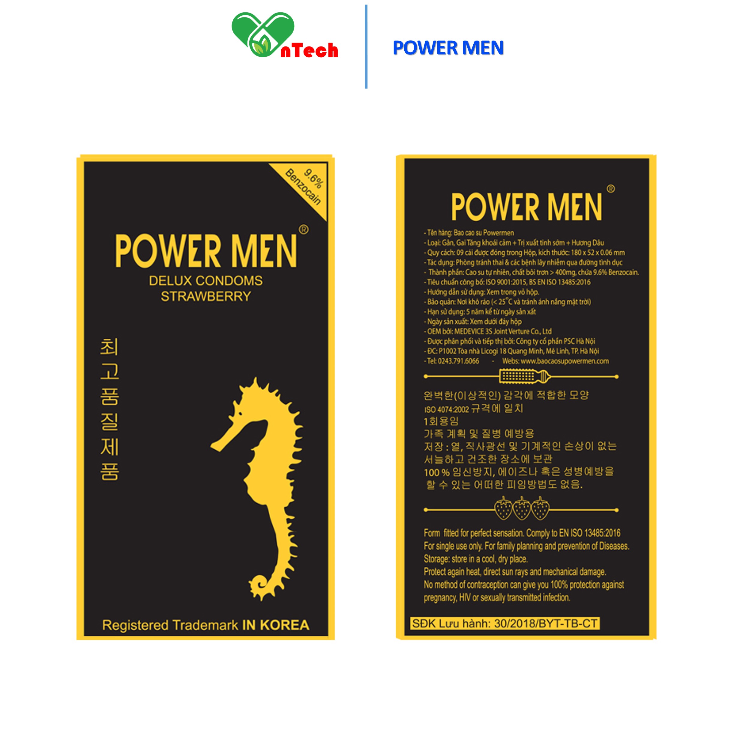 Bao cao su gân gai hương dâu POWERMEN STRAWBERRY chứa 9,6% Benzocain chống xuất tinh sớm hộp 09 chiếc