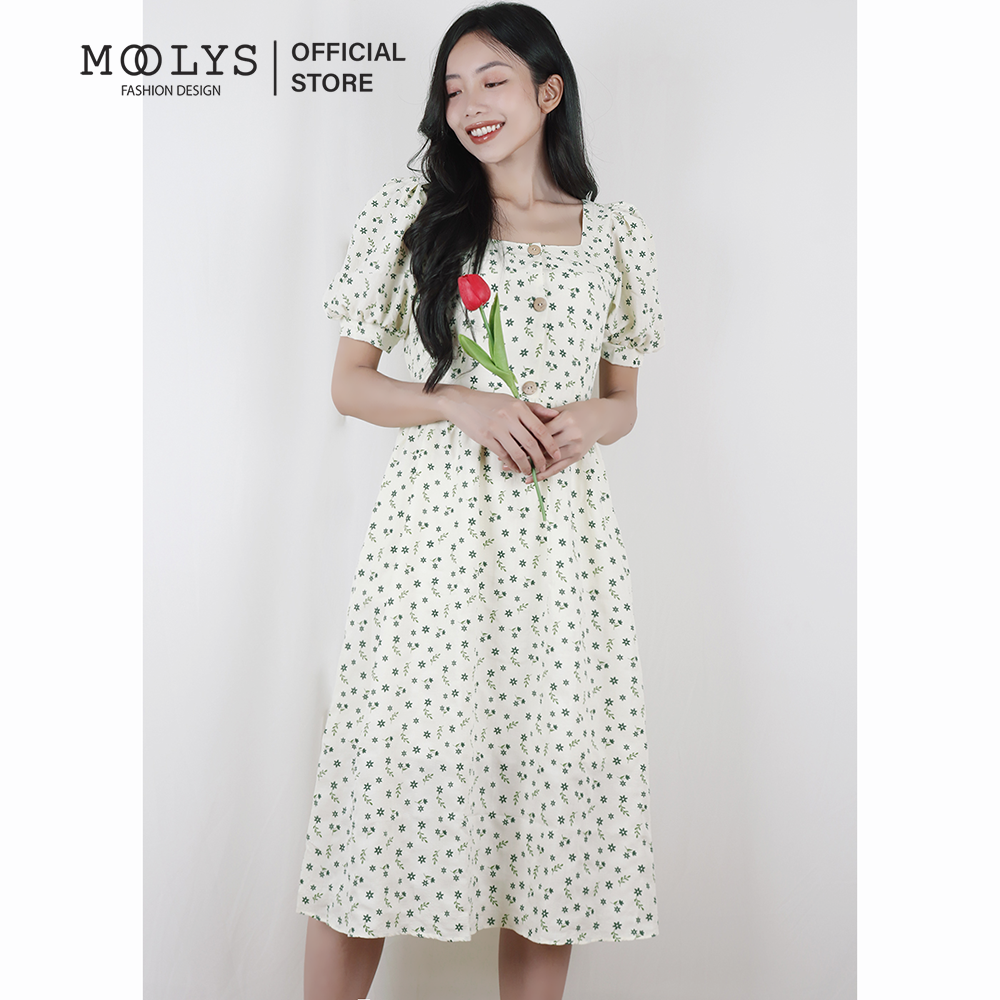 Đầm dài hoa nhí cổ vuông tay phồng dễ thương Moolys MD005