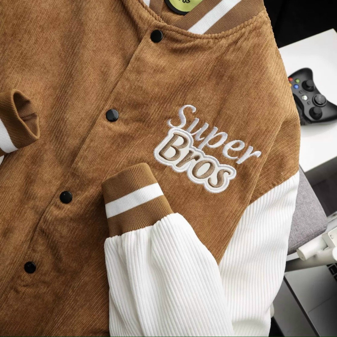 Áo Khoác Bomber Nhung Kaki 2 Lớp Lót Dù Chữ Super Bros - Kiểu Hàn Quốc Unisex Cặp Nam Nữ Thu Đông