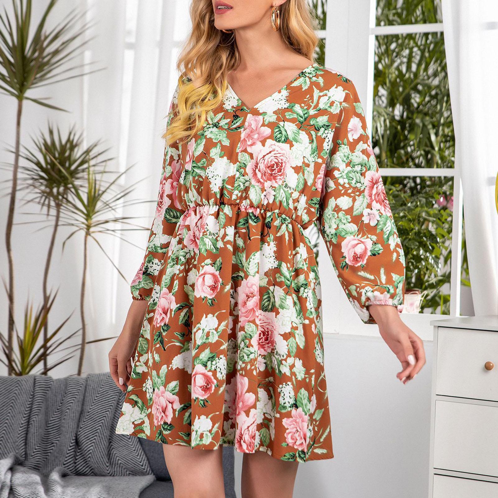 Fashion Women Floral Print Dress V Neck Long Sleeve Batwing Sleeve High Waist Mini Dress
