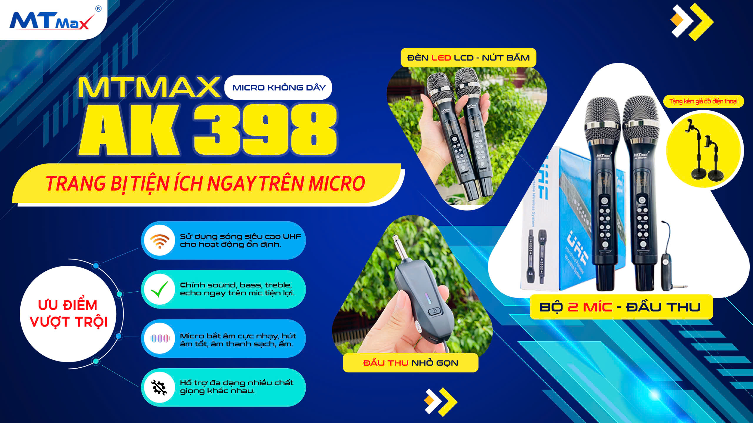 MICRO KHÔNG DÂY ĐA NĂNG CAO CẤP MTMAX AK398 PLUS - BẮT ÂM CỰC NHẠY, HÚT ÂM TỐT TẶNG KÈM GIÁ ĐỠ ĐIỆN THOẠI, HÀNG CHÍNH HÃNG