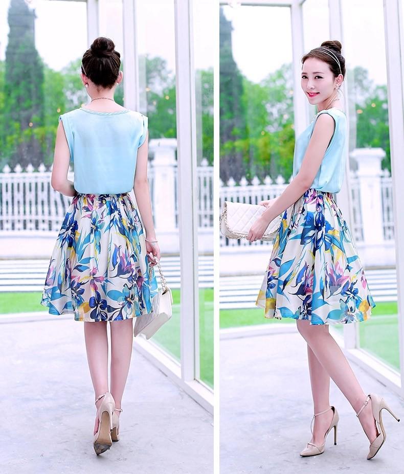 Set Váy hoa xòe và áo satin sát nách NT8021
