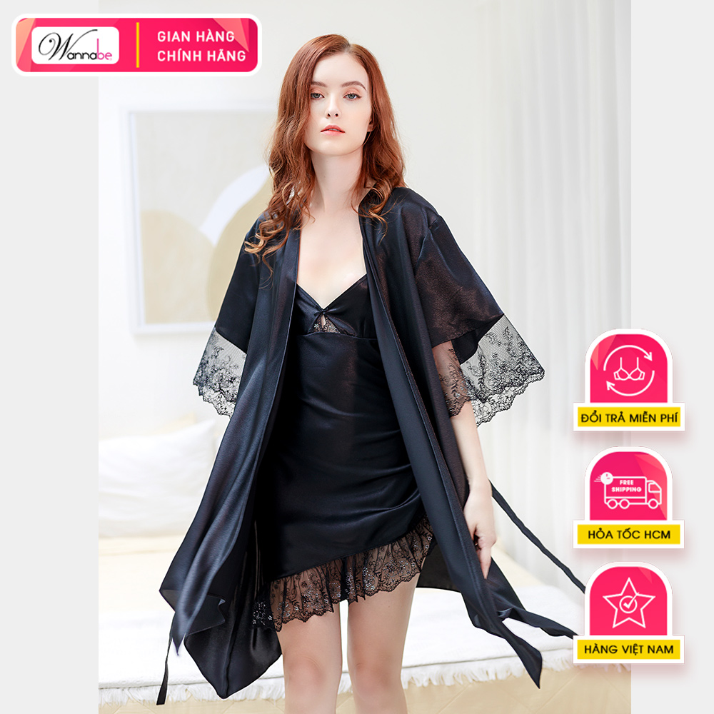 Áo choàng ngủ WANNABE KIS47 áo khoát ngủ dạng kimono tay áo phồi ren bản lớn, lai áo gợn sóng mang lại vẻ đẹp nhẹ nhàng