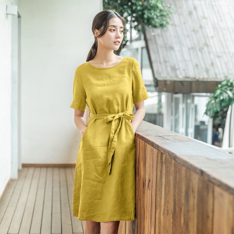 Váy suông nữ mùa Thu mới dáng xinh [ chất linen+ dáng rút dây+ tay ngắn