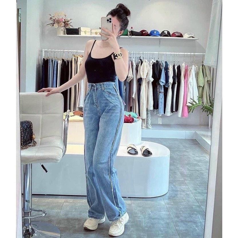 Quần jean suông ống rộng viền kiểu ren PINKSTORE phong cách thoải mái, cá tính Q085