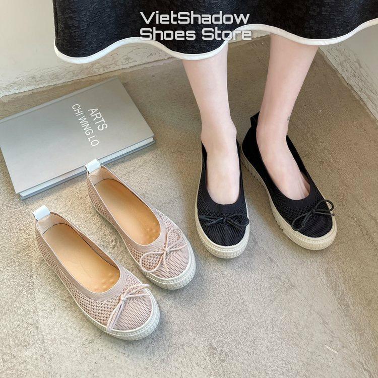 Slip on kiểu búp bê - Giày lười nữ dệt kim 3D nguyên chiếc 2 màu đen và khaki, đế cao su mềm chống trơn trượt - Mã A31