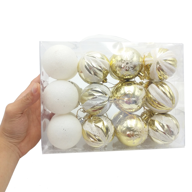 Hộp 24 Trái Châu Trang Trí Noel - Mẫu 2 - Trắng - Vàng Gold