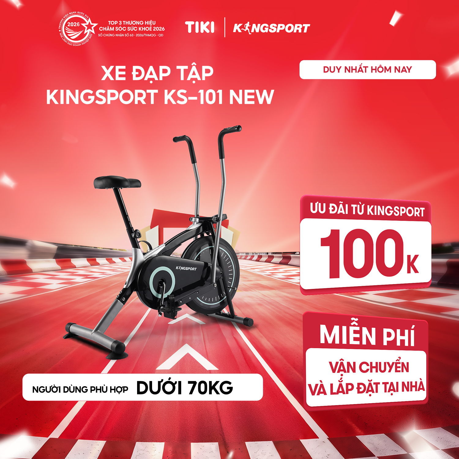 Miễn phí lắp đặt Xe đạp tập KINGSPORT KS-101 tập luyện toàn thân, tích hợp đồng hồ đo lường chỉ số, cân nặng phù hợp từ dưới 75kg