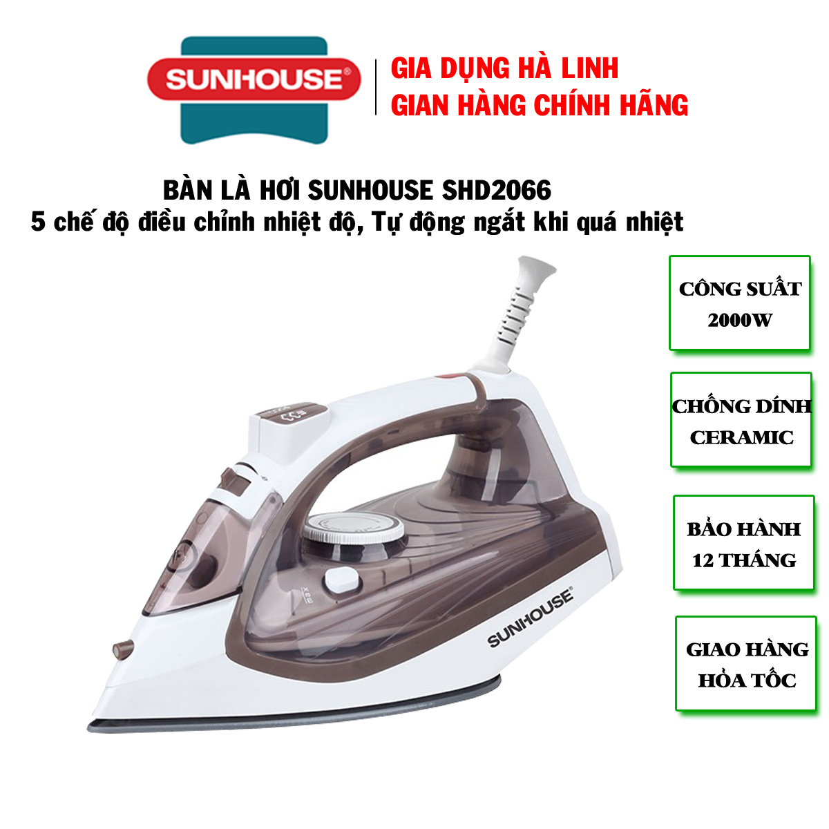 Bàn là hơi nước Sunhouse SHD2066, Công suất 2200W, Mặt bàn là phủ chống dính Ceramic, Hàng chính hãng - Bảo hành 12 tháng