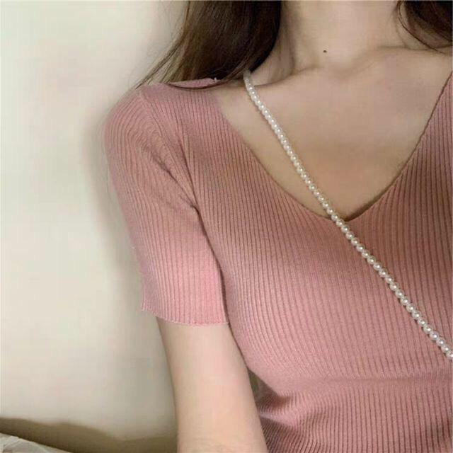 Áo len tăm cổ tim cộc tay - Loại 1