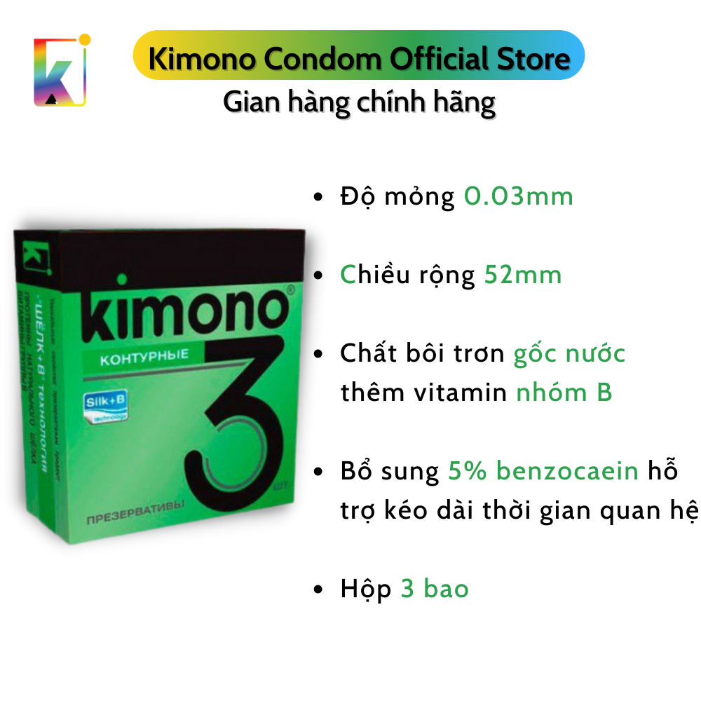 Combo 3 hộp Bao cao su Kimono Green Siêu mỏng 0.03mm - Kéo dài thời gian - Loại 3 bao/hộp