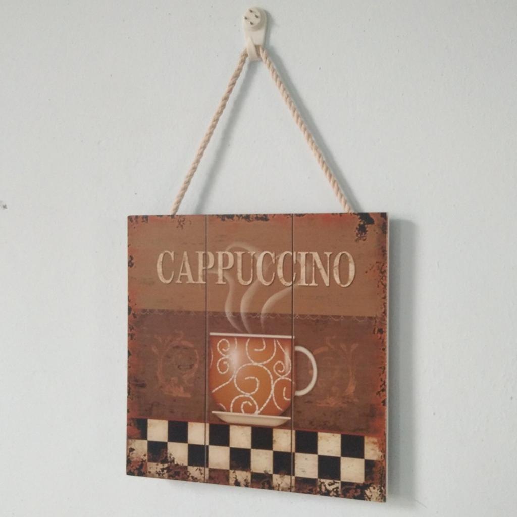 Wooden Wall Art Coffee Plaque Sign with Rope for Cafe Bar Decoration A