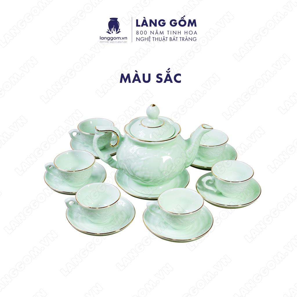 Bộ ấm chén phú quý men xanh miệng tròn - Gốm sứ Bát Tràng - LÀNG GỐM