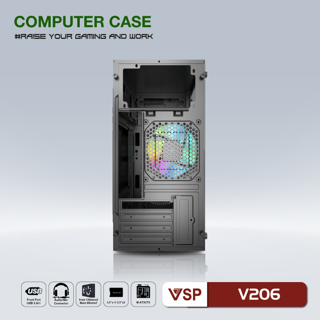 Vỏ máy tính Case VSP V206 ~ LED (M-ATX/Mini-ITX) không FAN - Hàng chính hãng TECH VISION phân phối