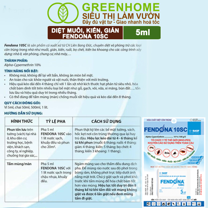 Thuốc Diệt Muỗi Greenhome, Fendona 10sc, Gói 5ml, Hiệu Quả, Không Mùi, Dễ Dùng, Diệt Gián, Ruồi, Kiến Ba Khoang