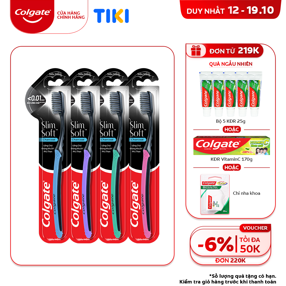 Bộ 4 bàn chải đánh răng Colgate than hoạt tính kháng vi khuẩn SlimSoft Charcoal mềm mảnh (Màu và Bao bì ngẫu nhiên)