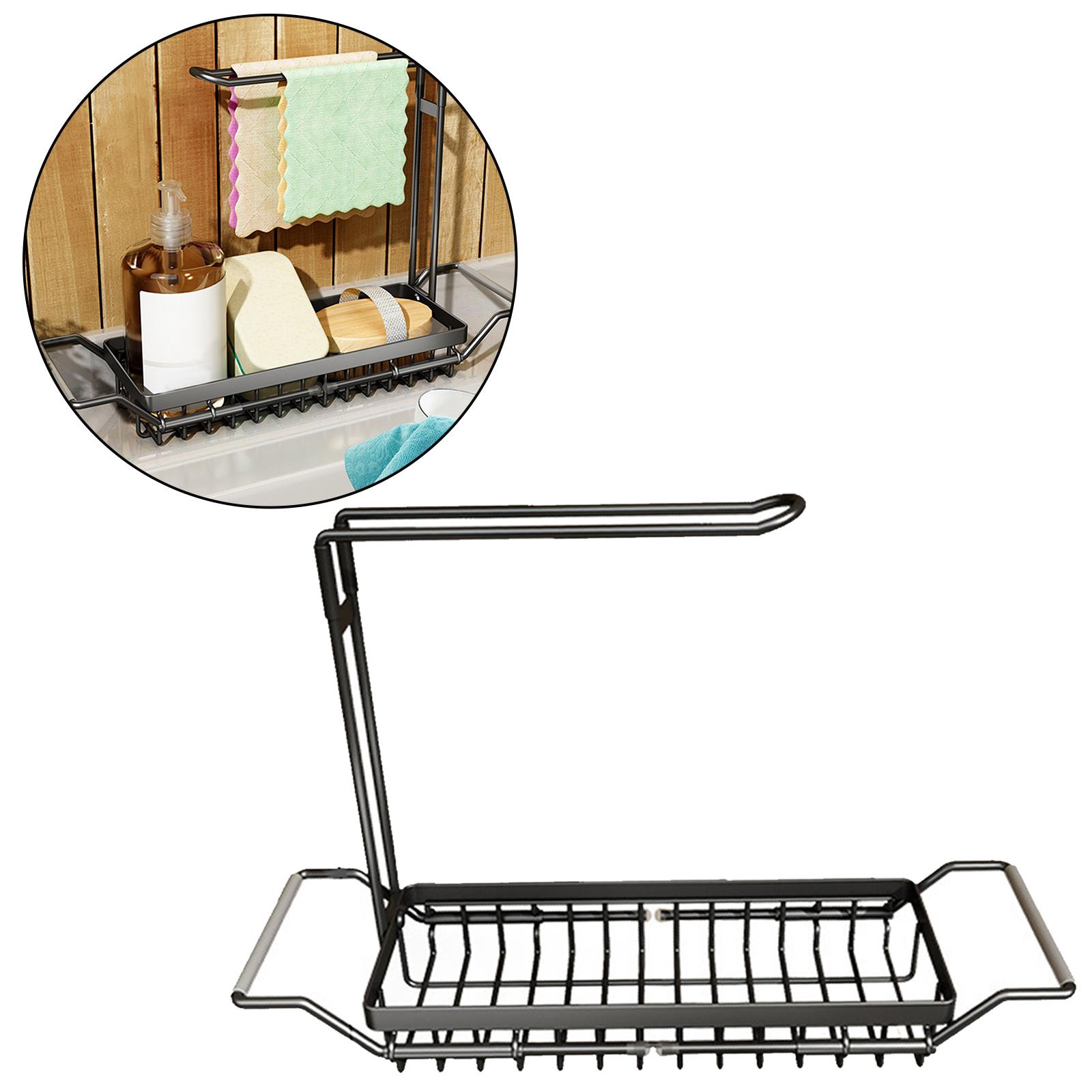 Over the Sink Storage Rack Organzier Adjustable Sponge Holder Drain Basket with Dish Towel Hanger