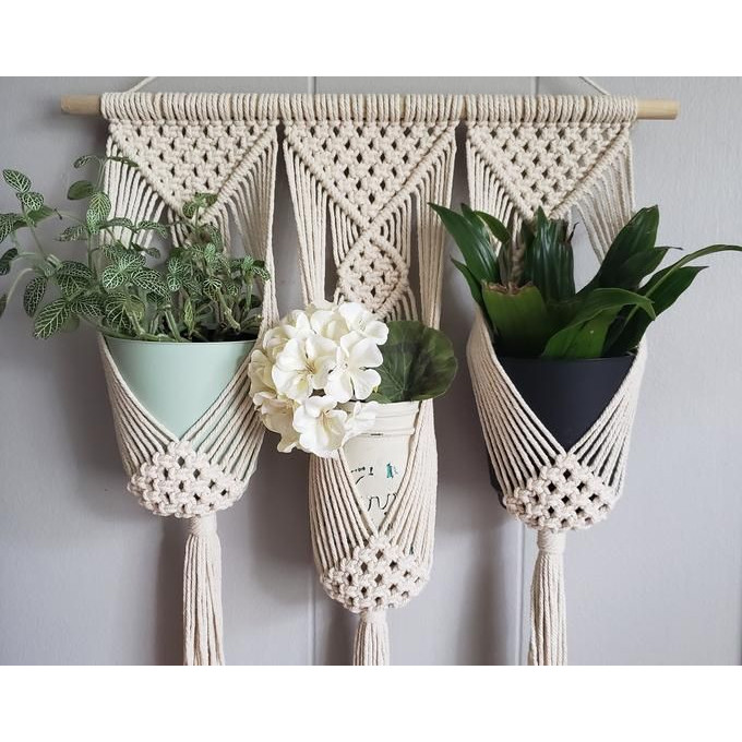 Bộ dây treo trang trí 3 chậu cây cảnh lọ hoa macrame handmade m01