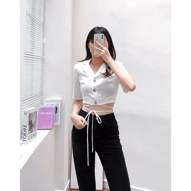 Áo sơ mi cổ bẻ V tay lỡ cúc gỗ dây buộc eo hàng thiết kế vnd0622a05 by germe