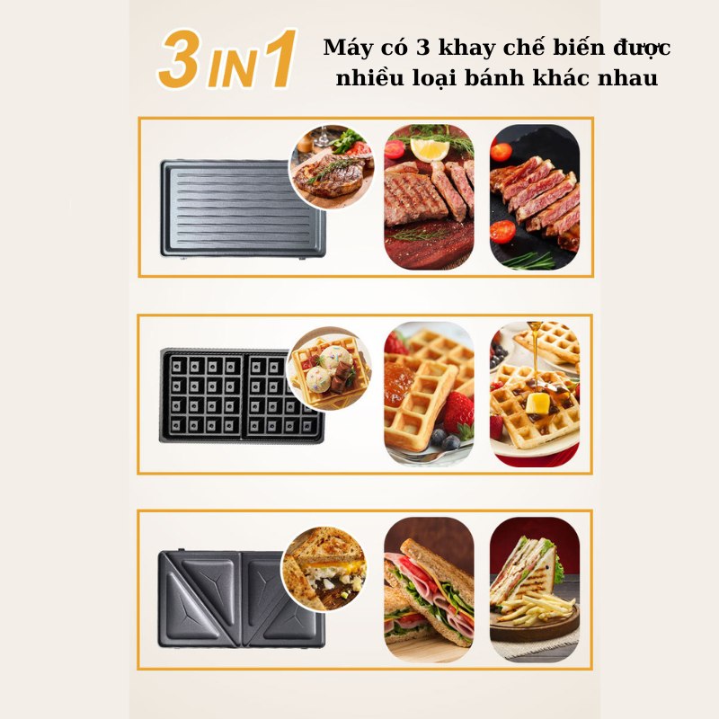 Máy kẹp nướng bánh mì đa năng 3IN1 SOKANY SK-08078 khay chống dính cao cấp dễ dàng vệ sinh, tiện dụng cho mọi gia đình - HÀNG CHÍNH HÃNG - DELIYA