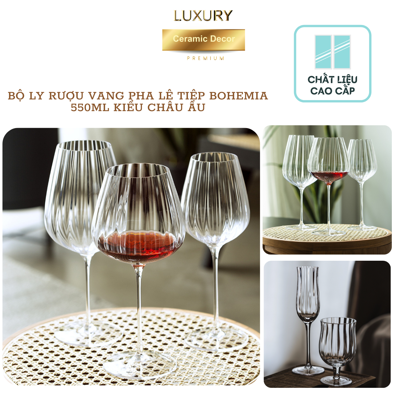 Bộ 6 Ly Rượu Vang Pha lê Tiệp BOHEMIA 550 ML Cao Cấp Phong Cách Châu Âu - Hàng Nhập Khẩu