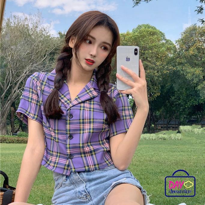 Áo sơ mi nữ họa tiết sọc caro phong cách Hàn Quốc tay ngắn