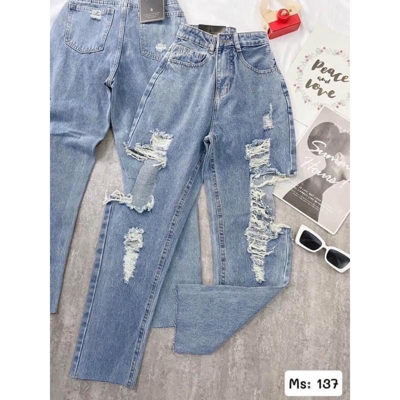 Quần baggy jean, quần bò baggy 9 tấc lưng cao rách gối - 110N