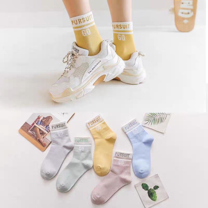 Bộ 5 Tất nữ cổ cao hoạt tiết chữ PUSH GO TN37 Chất liệu cotton giúp khử mùi kháng khuẩn rất tốt mix nhiều màu