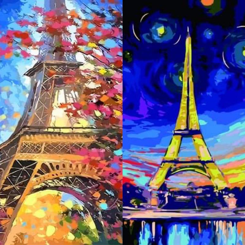 Tranh tô màu theo số Tranh sơn dầu số hoá hình tháp Eiffel 40*50 kèm khung