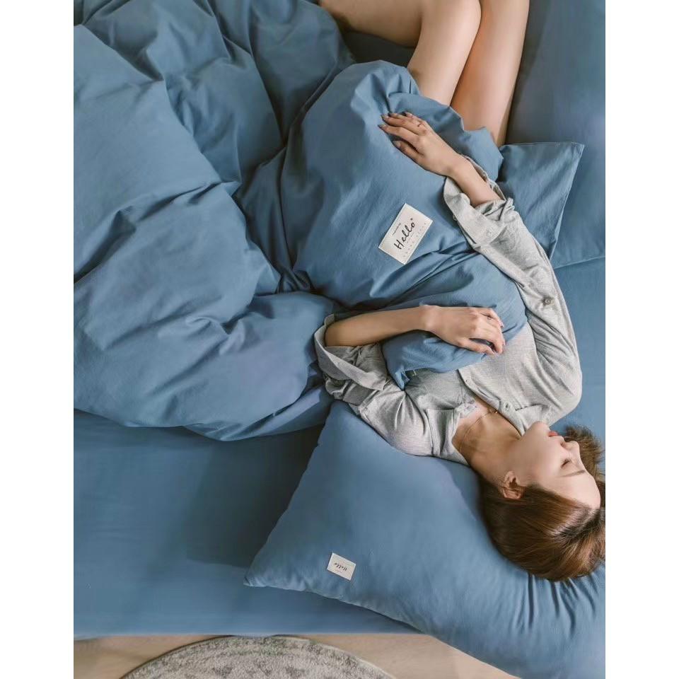 Bộ Chăn Ga Gối Cotton Đũi - Xanh Nước Biển