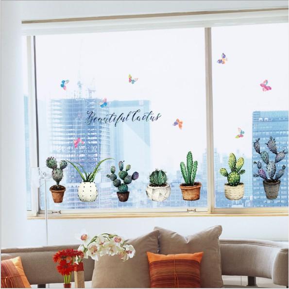 Decal trang trí tường - Nhiều chậu cây Xương Rồng Đậm