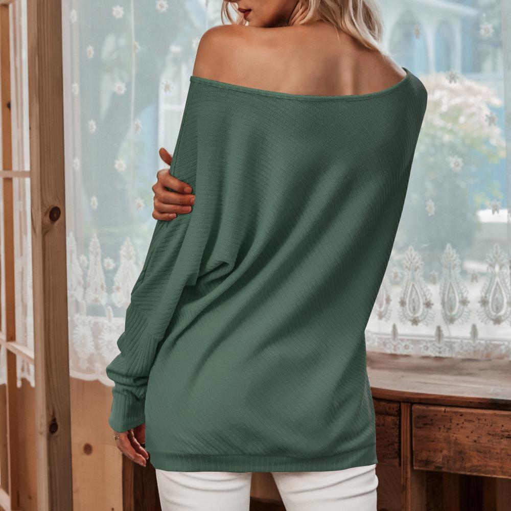 Women T-Shirt Off-shoulder O-neck Batwing Long Sleeve Ribbed Loose Solid Streetwear Female Pullover Tops Casual Autumn