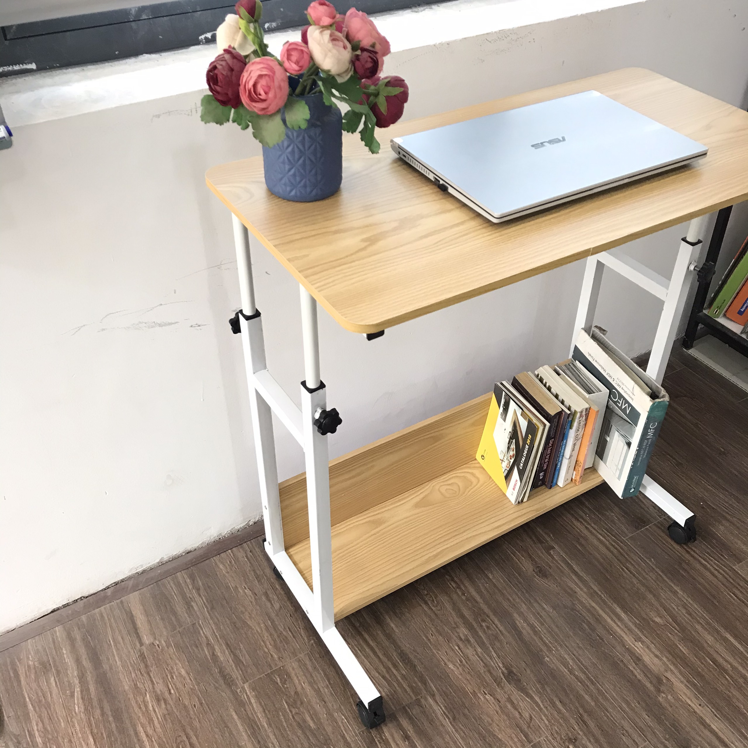 Bàn làm việc đa năng thông minh điều chỉnh chiều cao tích hợp ngăn bàn chứa đồ có bánh xe di chuyển