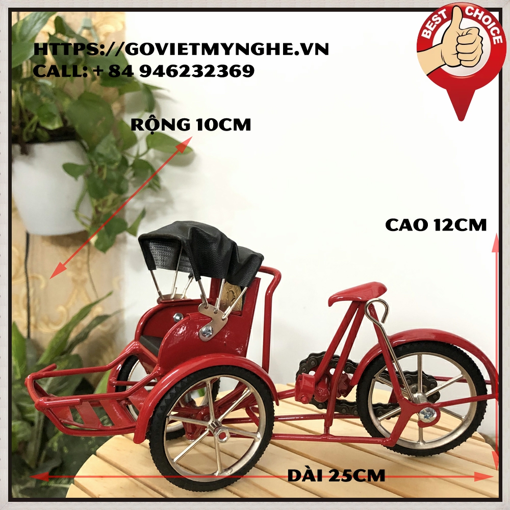 Mô hình xích lô quà tặng trang trí xe xích lô mô hình sắt mỹ nghệ Việt Nam - Cỡ lớn dài 25cm - Sơn màu