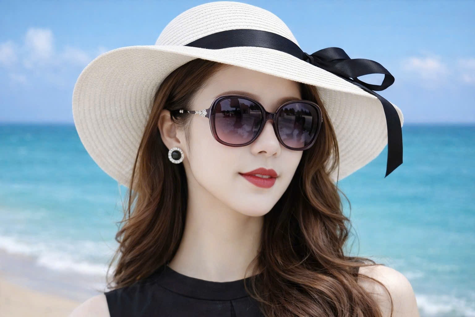 Mũ rộng vành đi biển chất liệu cói thoáng mát nón rộng vành chống nắng UV đai nơ đen cho nữ mẫu mới