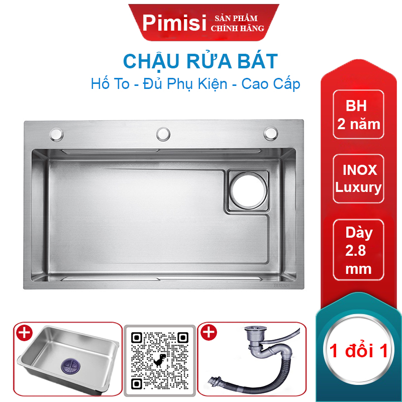 Chậu Rửa Bát Inox 1 Hố To Pimisi PB-7846 Luxury Làm Từ Thép Không Gỉ Inox Cao Cấp Kiểu Ngăn Lớn 1 Hộc, Kèm 1 Khay Bồn Rửa Chén Nhỏ Đơn Phụ Gác Chậu -  Tháo Rời Với Đầy Đủ Phụ Kiện Xi Phông, Gắn Được Cả Bán Âm - Dương Bàn Đá Bếp | Hàng Chính Hãng