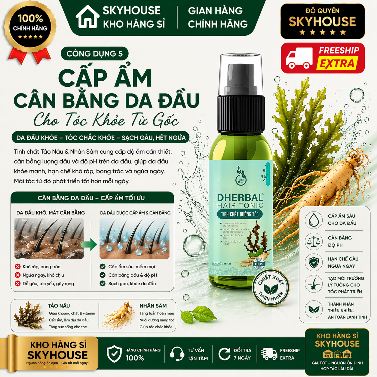 Tinh chất dưỡng tóc thảo dược thiên nhiên chiết xuất tảo nâu nhân sâm độc quyền DHERBAL chai 100ml tinh chất mọc tóc chính hãng