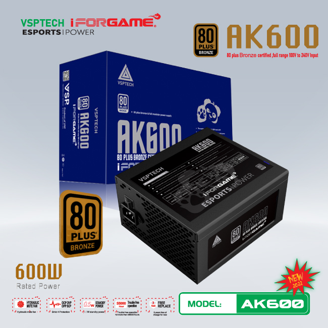 Bộ nguồn máy tính VSPTECH IFORGAME AK600 80PLUS BRONZE- Hàng chính hãng