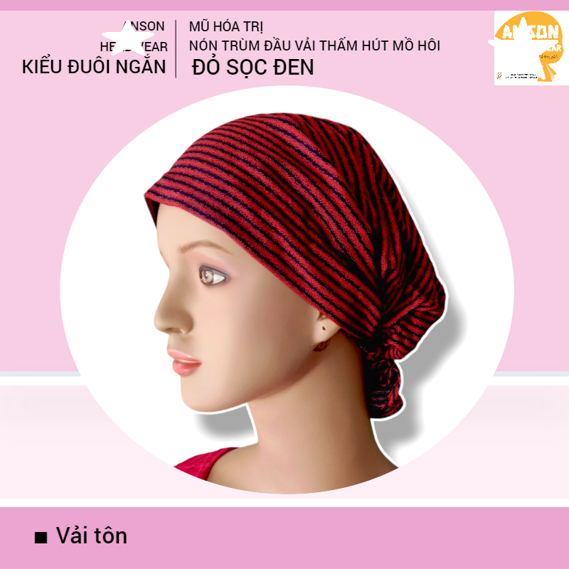 Nón hóa trị vải mềm mát, hút mồ hôi, bệnh nhân ung thư, chemo hat, nón trùm đầu [KIỂU ĐUÔI NGẮN-ĐỎ SỌC ĐEN]