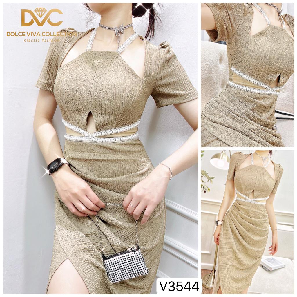 V3544 Váy body khoét eo cổ yếm dự tiệc váy đầm ôm nhún eo sang chảnh