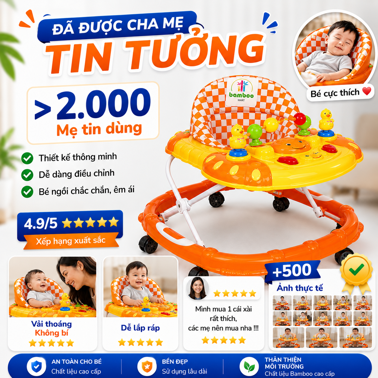 Yên Xe Tập Đi Màu Xanh Dương Bamboo Mart Thay Thế Cho Xe Nhựa Chợ Lớn – Mút Êm, Lắp Vừa Khung