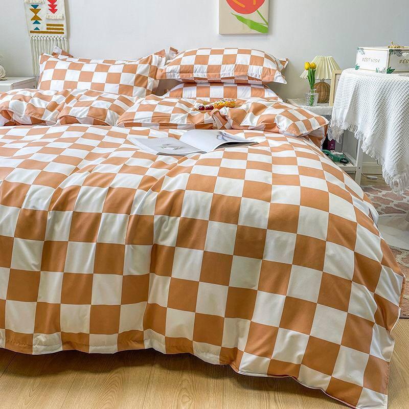 Bộ chăn ga gối Cotton poly M2T Bedding, vỏ chăn mền, drap ga giường và 2 vỏ gối nằm - PL Bàn cờ vua cam nâu