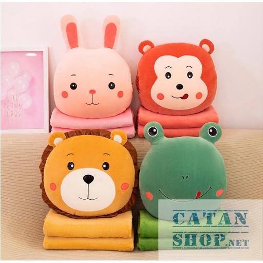 GỐI MỀN 3 in 1 hình thú ️ Khỉ Ếch Thỏ Sư tử, thun 4 chiều siêu mịn, bộ chăn gối văn phòng, gấu bông kèm mền GM75-GMMat
