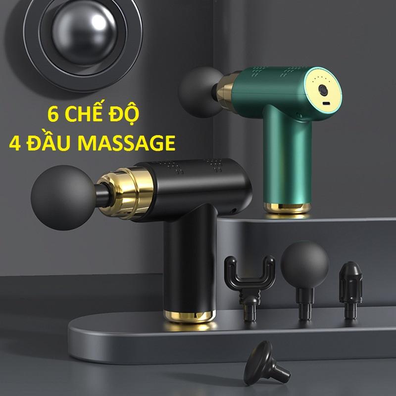 Súng massage gun cầm tay máy massage  4 đầu massage 6 mức độ rung - giảm nhức mỏi toàn thân