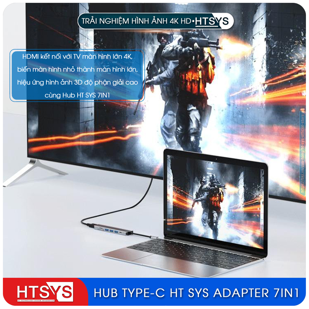 Hub Type C HT SYS 7 in 1 To HDMI, USB 3.0, SD, TF, USB C, PD 100W - Hàng Chính Hãng