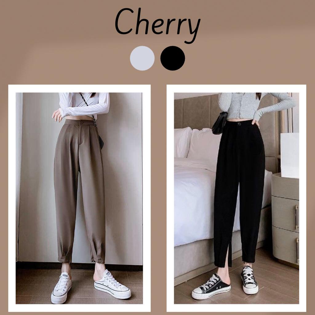 Quần baggy nữ lưng cao màu đen có khóa gấu CHERRY quần tây ống suông V049