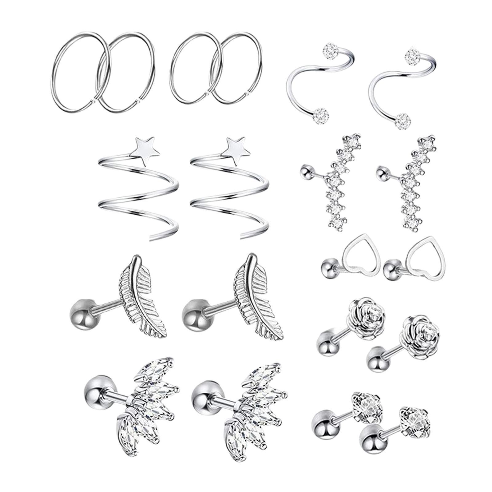 10 Pairs Tiny Stud Earrings Set Crown Moon Heart Disc Ball Small Flat Back Earrings Stainless Steel Barbell Earrings Piercing Set