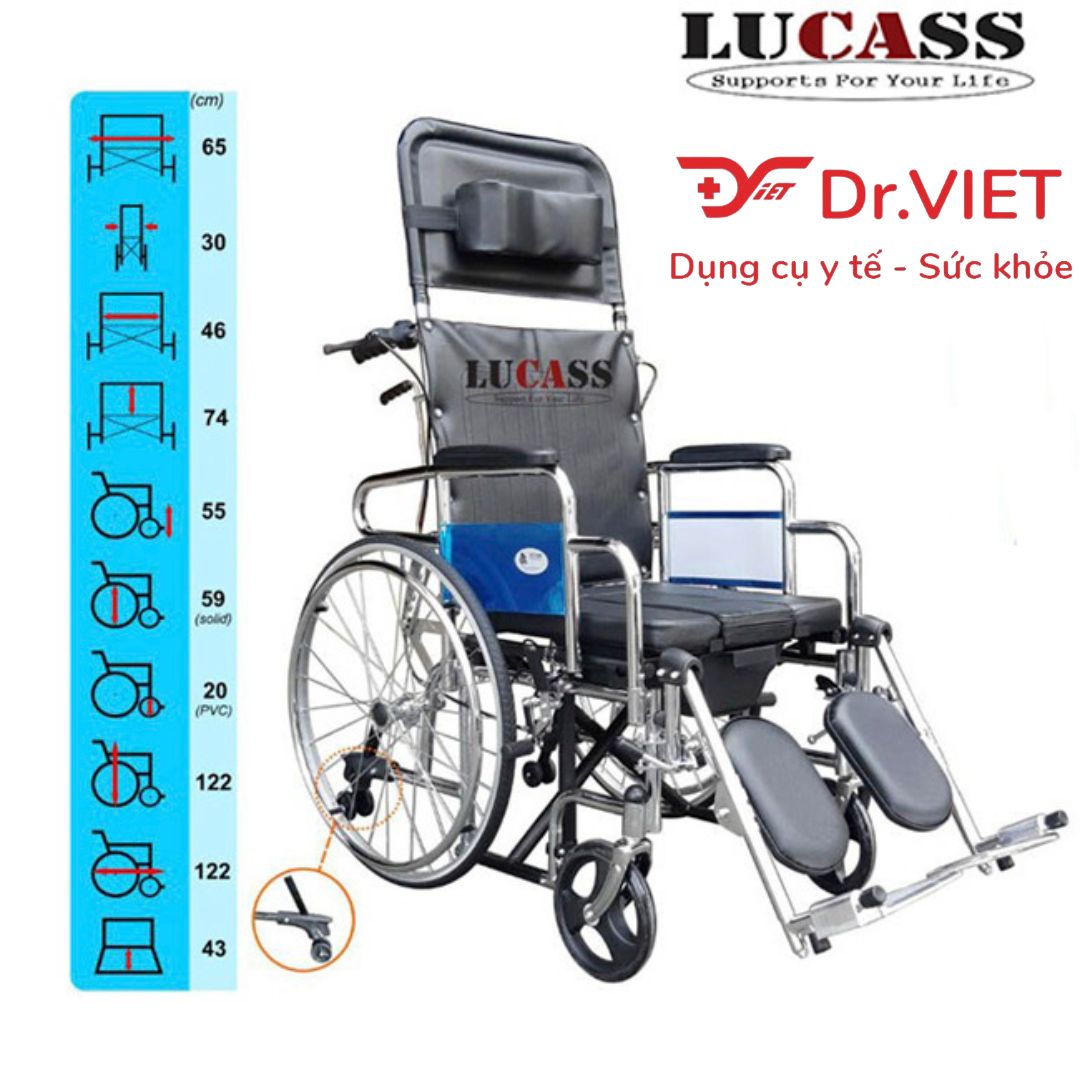 Xe lăn cao cấp đa năng Lucass X607-có phanh, có bô vệ sinh và có thể ngả ra nằm được, có bánh phụ chống lật cho người già